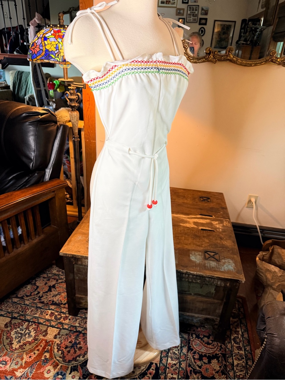 VINTAGE 70s! White Knit Jersey Jumpsuit with Smocked Rainbow Trim, drawstring - Picture 7 of 16